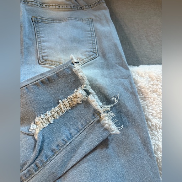 High Waist Skinny Stretch distressed pull on Jeans. Drawstring Elastic Waist. - Picture 5 of 6
